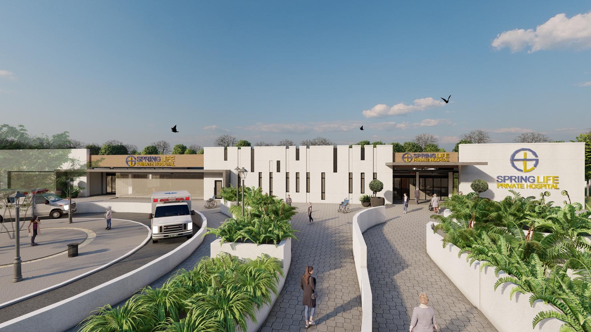 Render of the main entrance and drop-off of Spring Life Private Hospital